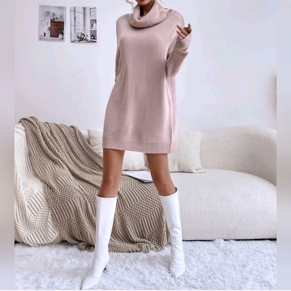 New Gorgeous Cowl Neck Knit Sweater Tunic Dress Pale Pink